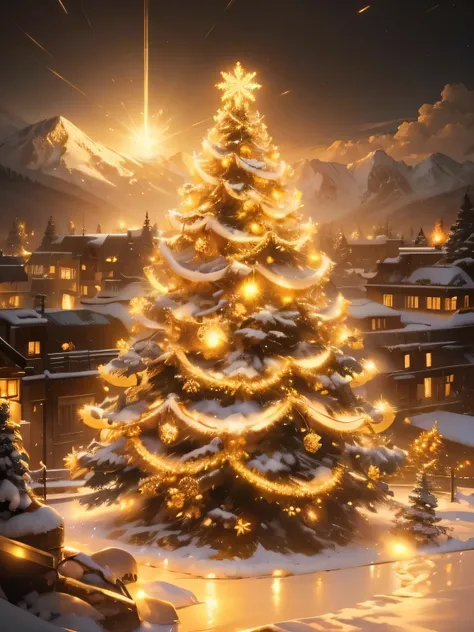 (((masutepiece))), High quality, Extremely detailed, 4K, 8K, (Christmas tree:1.2), (Golden Illumination:1.5), (golden snowflake:1.3), (strong lights:1.4), (nightcity:1.2), (No human), superfine illustration, Approaching perfection, Insanely detailed, Conce...