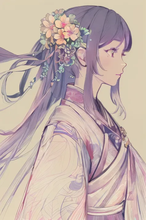 A picture of a woman with long hair，A flower stuck in his hair, 美丽的line art, clean line art, perfect line art, line art behance hd, extremely fine ink line art, 精美的line art, hyper 详细的line art, intricate line art, line art, 详细的line art, bold line art, flowi...