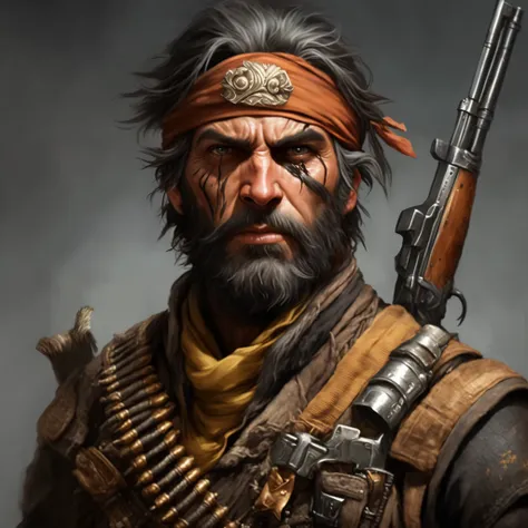 Close-up of a man holding a gun and turban, Stunning character art, epic character portrait, character portrait art, character art portrait, Portrait of a rugged ranger, Unreal 5. RPG portrait, Portrait of a person, detailed character portrait, rugged male...