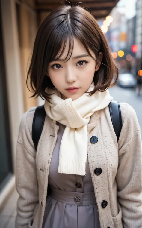 Cute 21 years old Japan、early evening、shopping、Super Detail Face、Eye of Detail、二重まぶた、beautiful thin nose、foco nítido:1.2、prety woman:1.4、(light brown hair,short cut hair, White skin、top-quality、发光、​masterpiece、超A high resolution、(Photorealsitic:1.4)、cute f...