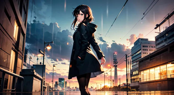 1girl, long brown hair, green eyes, wearing a black coat, grey leggings, black boots, city, summer evening, raining, in style of Makoto Shinkai, high res, ultrasharp, 8k, masterpiece, looking at viewer