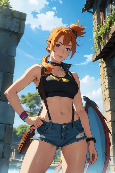 The centerpiece of the image is Misty from Pokémon, standing outdoors with a confident smile. Orange hair styled in a side ponytail, wearing denim shorts with suspenders, yellow crop top that shows off her midriff and navel. Yellow tank top. Cowboy shot po...