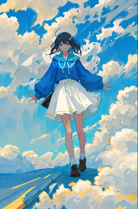 Girl walking on clouds in blue sky