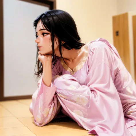 araffe woman laying on the floor with her hand on her chin, wearing a silk kurta, candid picture, wearing a kurta, with lovely look, wearing pink floral gown, assamese aesthetic, candid photo, by Riza Abbasi, profile pic, from side, captured on canon eos r...