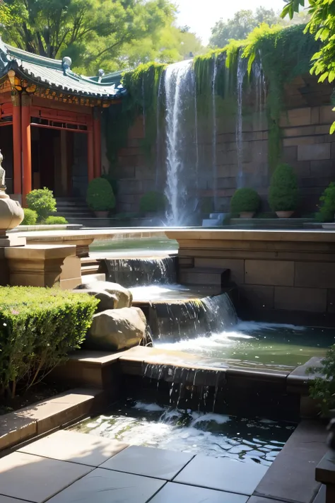 Design a campus atrium landscape，Requires overlapping water or waterfalls，Wall with view，There are fountains，There are steps，There are gallery shelves，New Chinese style