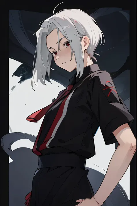 Cartoon cute boy, yandere male, Charming, Handsome，, red eye,fashion hair，short detailed hair，Playful expression，Side face avatar，Black color hair，red background horror