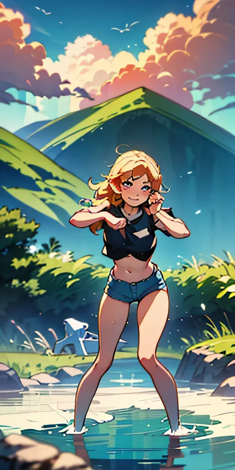 (best quality, masterpiece), 1girl, paw pose, smile, laughing, ocean, crop top, shorts, blonde, freckles, blush, looking at viewer, wavy hair, cloud, splashing, waves, sun, mountain, wet, 1girl in, ((masutepiece)),((Best Quality)),Ultra-detailed,illustrati...