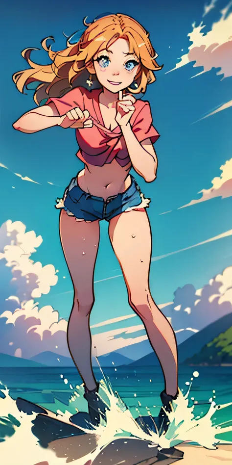 (best quality, masterpiece), 1girl, paw pose, smile, laughing, ocean, crop top, shorts, blonde, freckles, blush, looking at viewer, wavy hair, cloud, splashing, waves, sun, mountain, wet, 1girl in, ((masutepiece)),((Best Quality)),Ultra-detailed,illustrati...