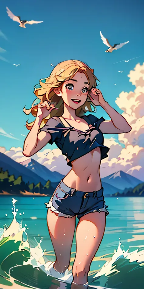 (best quality, masterpiece), 1girl, paw pose, smile, laughing, ocean, crop top, shorts, (blonde), freckles, blush, wavy hair, cloud, splashing, waves, sun, mountain, wet, 1girl in, (masterpiece), (best quality), ultra-detailed, beautiful body, (inocent), b...