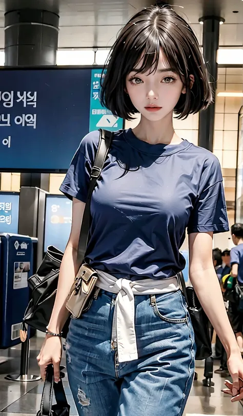 Real photos of Korean women, crossed bangs, A slight smil, tee shirt, in the airport, Perspectives, Heads-up shooting, fuzzy, hyper HD, tmasterpiece, A high resolution, 16k