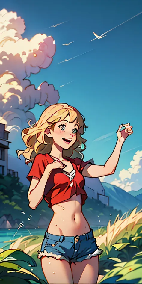 (best quality, masterpiece), 1girl, paw pose, smile, laughing, ocean, crop top, shorts, (blonde), freckles, blush, wavy hair, cloud, splashing, waves, sun, mountain, wet, 1girl in, (masterpiece), (best quality), ultra-detailed, beautiful body, (inocent), b...