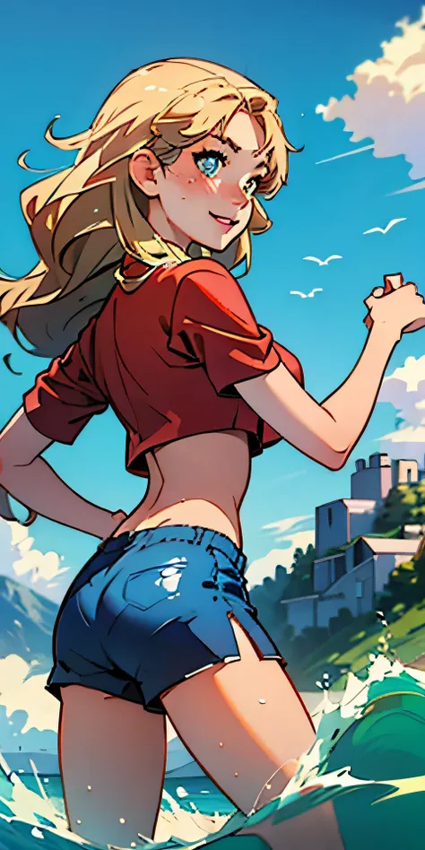 (best quality, masterpiece), 1girl, paw pose, smile, laughing, ocean, crop top, shorts, (blonde), freckles, blush, wavy hair, cloud, splashing, waves, sun, mountain, wet, 1girl in, (masterpiece), (best quality), ultra-detailed, beautiful body, (inocent), b...