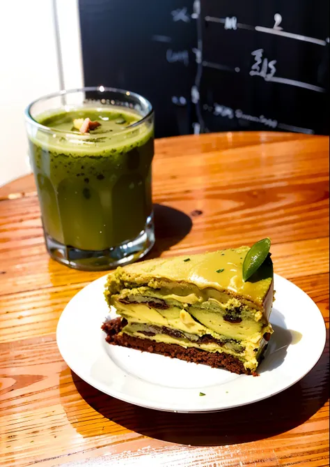 there is a piece of cake on a plate next to a drink, macha, Green tea, Green, Delicious cake cafe