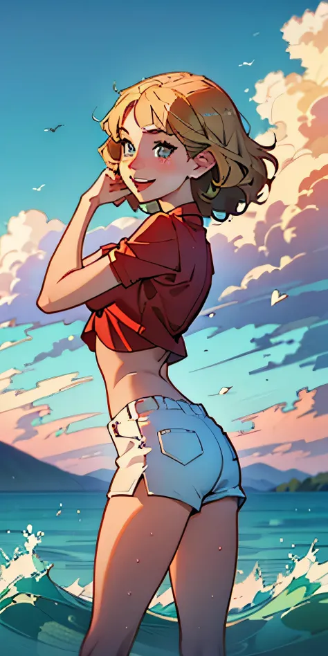 (best quality, masterpiece), 1girl, paw pose, smile, laughing, ocean, crop top, shorts, (blonde), freckles, blush, wavy hair, cloud, splashing, waves, sun, mountain, wet, 1girl in, (masterpiece), (best quality), ultra-detailed, beautiful body, (inocent), b...