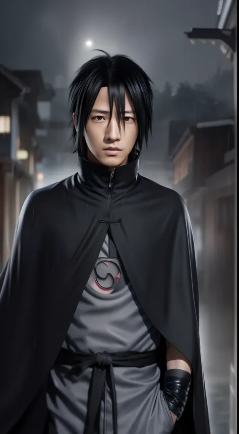 Sasuke uchiha in the rain with a cape over his head, sasuke uchiha, hyper realistic