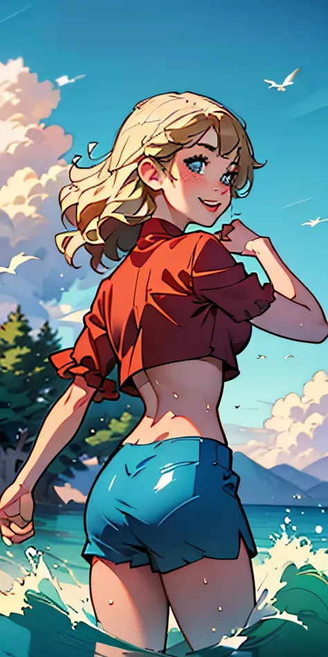 (best quality, masterpiece), 1girl, paw pose, smile, laughing, ocean, (crop top), (blonde), freckles, blush, wavy hair, cloud, splashing, waves, sun, mountain, (wet), 1girl in, (masterpiece), (best quality), (ultra-detailed), beautiful body, (inocent), bea...