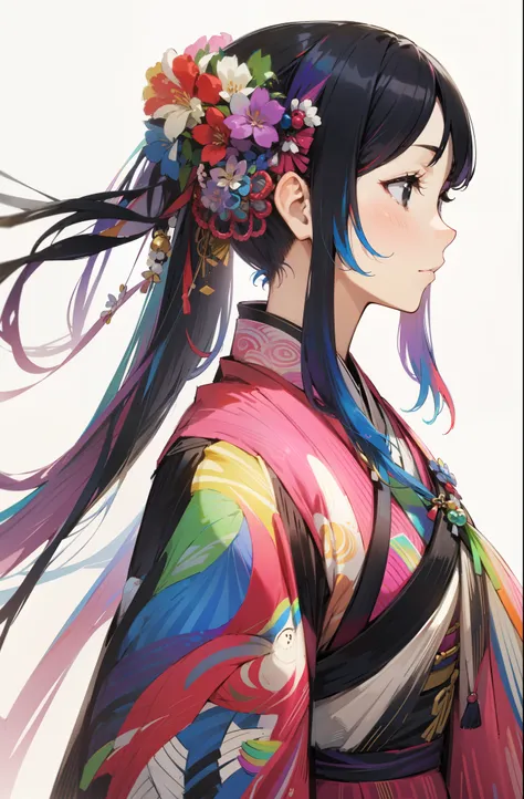 masutepiece, Best Quality, 1girl in, (Rainbow Kimono:1.3), Black hair, (Colorful hair ornaments:1.3)、Black eyes、White background