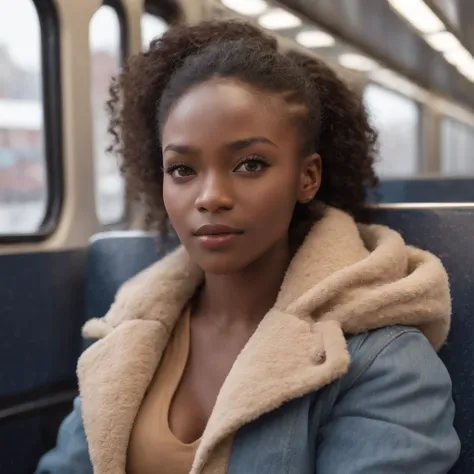 ((Dark African skin, Very deep ebony skin)), ((Its beauty is undeniable)), ((Excited cute face)), ((Hyper detailed perfect eyes,)), ((Language output)), ((Tired)), sexy, ((beige warm winterjacket, jeans, public transport, sitting in the train)), ((Afro pon...