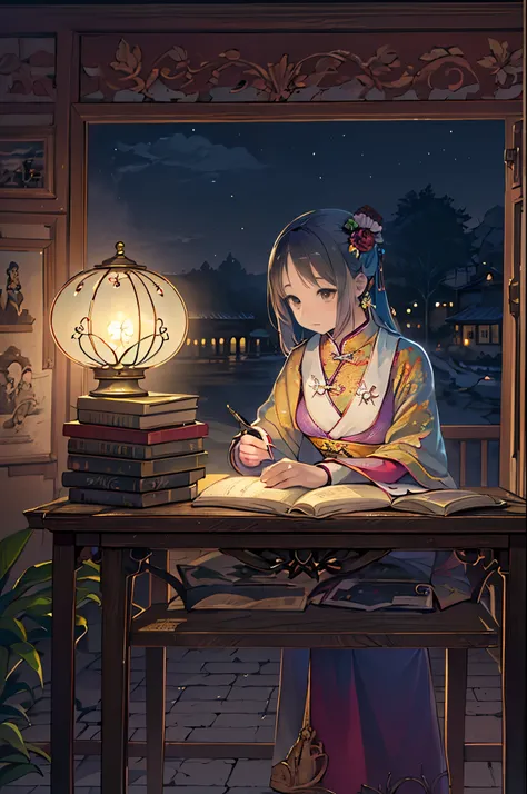 Photo of beautiful girl in traditional chinese dress looking at ancient chinese books under lamp on low table in old walled garden at peaceful night,((In his right hand he holds a pen.、Place your left hand on the table)),((masutepiece)),Realistic,4K,,((Bea...