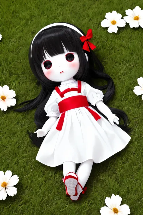 photoRealstic、((use white, black and red))、soft vinyl mini cute doll、((Emphasize the softness of the doll))、Yawning face、In a cute pose、up of face、Eye Up、put hands forward、There are also flowers in the foreground...、Wear cute shoes、season!!: 夏天☀ 🍂