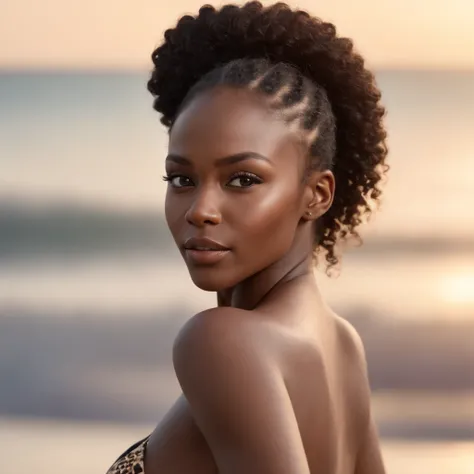 ((Dark African skin, Very deep ebony skin)), ((Its beauty is undeniable)), ((Excited cute face)), ((Hyper detailed perfect eyeploring pose)), ((Language output)), ((mini bikini)), ((Afro ponytail with long African curly hair)), ((teasing pose)), ((seductiv...