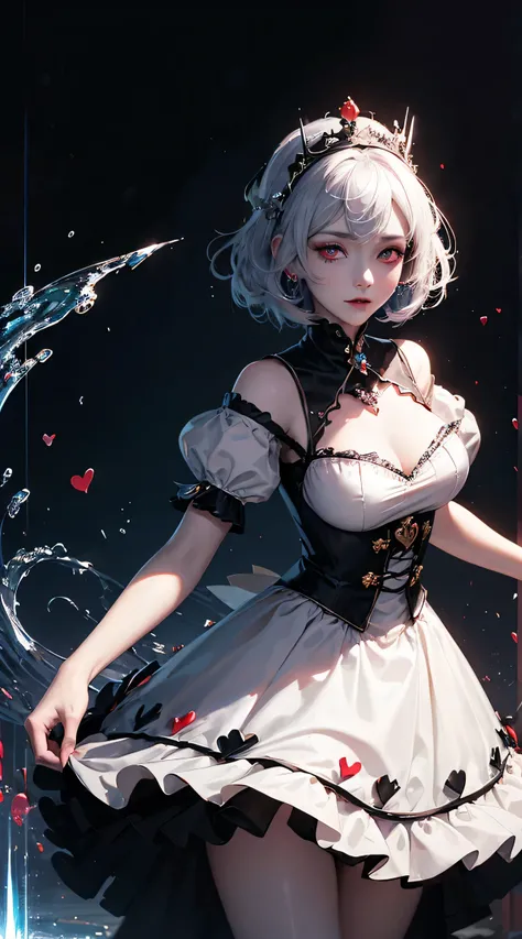 beautiful girl queen jester, halft black white hair, Eye pupils in the shape of love, jester dress, jester crown, card magic aura around her, clover and love card particles are red, red aura is blue like water, HD lighting and dark )<=(epic image quality)d...