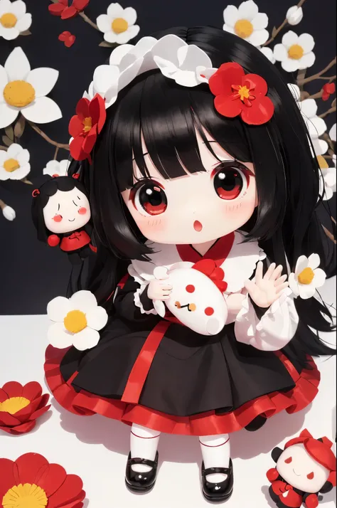 photoRealstic、((use white, black and red))、soft vinyl mini cute doll、((Emphasize the softness of the doll))、Yawning face、In a cute pose、up of face、Eye Up、put hands forward、There are also flowers in the foreground...、Wear cute shoes、season!!: 夏天☀ 🍂