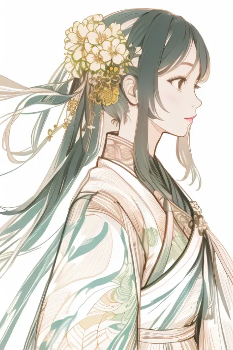 Pictures of women with long hair，A flower in his hair, 美丽的line art, clean line art, perfect line art, line art behance hd, extremely fine ink line art, 精美的line art, hyper 详细的line art, intricate line art, line art, 详细的line art, bold line art, flowing hair a...