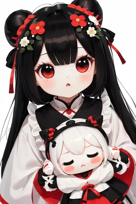 photoRealstic、((use white, black and red))、soft vinyl mini cute doll、((Emphasize the softness of the doll))、Yawning face、Half of the face is hidden by a mask、In a cute pose、up of face、Eye Up、There are also flowers in the foreground...、Wear cute shoes、seaso...