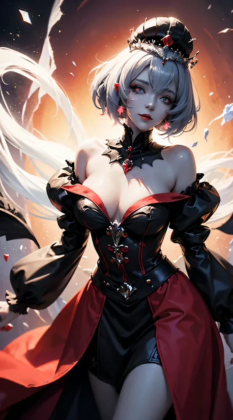 beautiful queen jester, Mixture black and white hair, Eye pupils in the shape of love, jester dress, jester crown, card magic aura around her, clover and love card particles are red, red aura like water, HD lighting and dark )<=(epic image quality)dark atm...