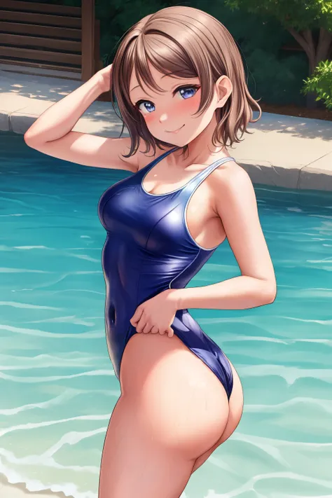 (Masterpiece)), 8k wallpaper,solo, Watanabe you, from side,ass smile,blushing, wearing only a basic swimsuit and pumps, The shoulder area of the swimsuit is a tank top type without decoration, The waist of the swimsuit is a high-cut leotard type The surfac...