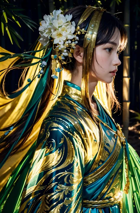 dream-like, forest landscape photos, chineseidol martial arts style, the skin is wet and shiny, (25-year-old girl samurai wearin...