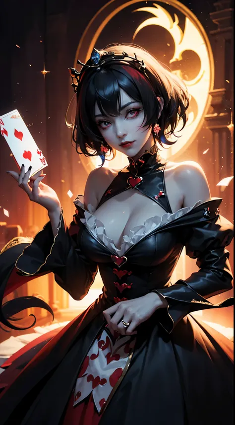 beautiful queen jester, Mixture black and white hair, Eye pupils in the shape of love, jester dress, jester crown, card magic aura around her, clover and love card particles are red, red aura like water, HD lighting and dark )<=(epic image quality)dark atm...