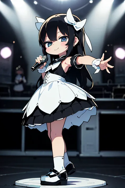 ((Monochrome Art、white and black))、 (Dynamic Pose), (The background is ruins:1.1）、Place one small doll on a circular stand、kawaii pose、A smile、A dark-haired、Chibi Doll、Stars in the eyes（kirakira）、Singing with microphone in hand、Eye Up、Laugh、Cute shoes、Ultr...