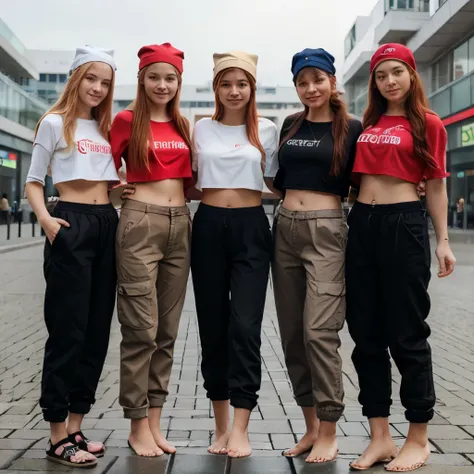 14 year old German girl with red hair, kauft im Einkaufszentrum ein, wearing a crop shirt, Sie haben einen Sixpack, Flacher Bauch, beste Quality, Meisterwerk, 16k, oversized baggy pants, bare feet, She wears a hat on her head, Shes beautiful, schmales Gesi...