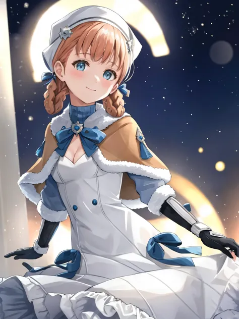 annette_hopes, 1girl, solo, breasts, looking at viewer, blush, smile, bangs, gloves, dress, ribbon, cleavage, small breasts, closed mouth, upper body, braid, blue gloves, white dress, twin braids, official alternate costume, fur trim, capelet, official alt...