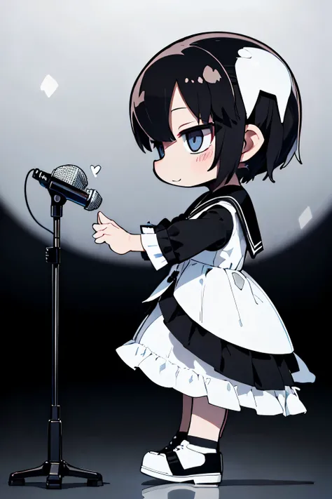 ((Monochrome Art、white and black))、 (Dynamic Pose), (The background is ruins:1.1）、Place one small doll on a circular stand、kawaii pose、A smile、A dark-haired、Chibi Doll、Stars in the eyes（kirakira）、Singing with microphone in hand、Eye Up、Laugh、Cute shoes、Ultr...