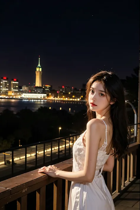 tmasterpiece, Best quality at best, Marianne_Time flies, lace material dress, Capulet, The background is the city, Permanent, the night, Ao olhar para cima, The upper part of the body, 详细的脸