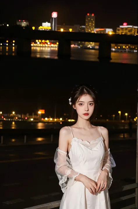 tmasterpiece, Best quality at best, Marianne_Time flies, lace material dress, Capulet, The background is the city, Permanent, the night, Ao olhar para cima, The upper part of the body, 详细的脸