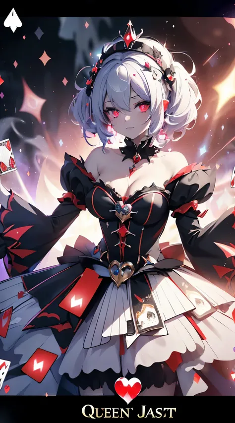 beautiful queen jester, Mixture black and white hair, Eye pupils in the shape of love, jester dress, jester crown, card magic aura around her, clover and love card particles are red, red aura like water, HD lighting and dark )<=(epic image quality)dark atm...