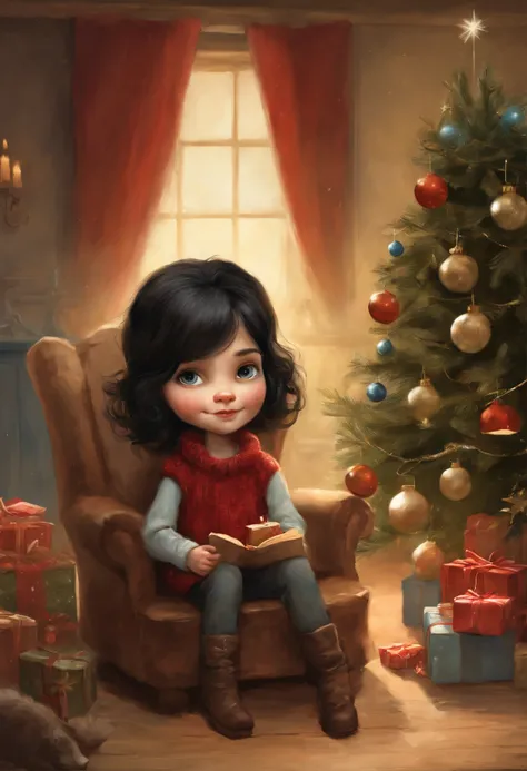 真实感, a painting, Fantastic tale, Christmas style, John Tolkien style, Small painting by Jean-Baptiste Monge,  Rocker Girl, Soft facial features, sitting in a chair with flowing black hair , Straight hair , near the Christmas tree, Soft facial features, Wea...