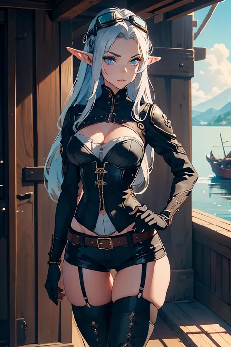 masterpiece, high quality, illustration, extremely detailed, cg unity 8k, medieval town, 1_woman, full body, standing on the deck of a ship, clouds, lake, (exotic skin_complexion:1.4),mature, statuesque, tall, beautiful, exotic, with long elf ears, looking...