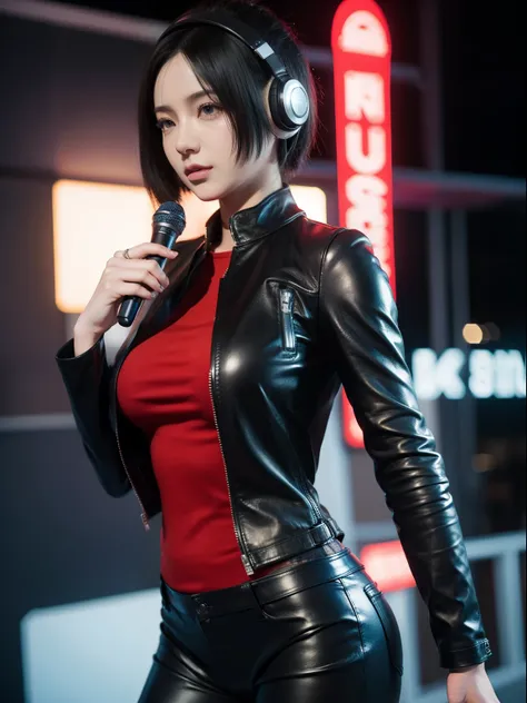 dressed in a leather suit、Hold the microphone、Arafe wearing headphones, Estilo Los Trán, ross tran 8 k, No Los Tran Style, 3D style anime, 3 d render character art 8 k, Art that is not Gwaits style, CG Tising Trends:, Photorealistic girl rendering, anime s...