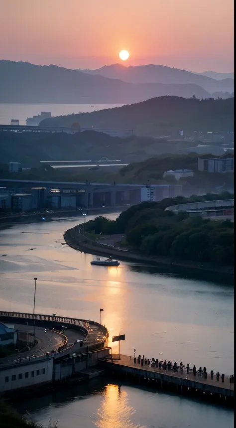 sunset over water, On the shore, Gongbi style,  cultural exploration, webcam photography, Coastal and harbour views, Western Week, sun sets on ocean，Calm and introspective beauty, Chen Zhen style, Coastal and harbour views, webcam photography, Zhongshi, in...