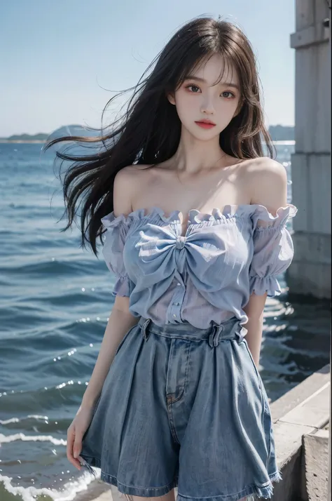 Sweet girl clothes7,skirt,Film portrait photography, 1个Giant Breast Girl, Shoulder length wavy hair, peaceful, peacful, (Realistic and detailed eyes, Natural skin texture, Realistic facial details), Soft dramatic lighting, Depth of field of view, vibrant d...