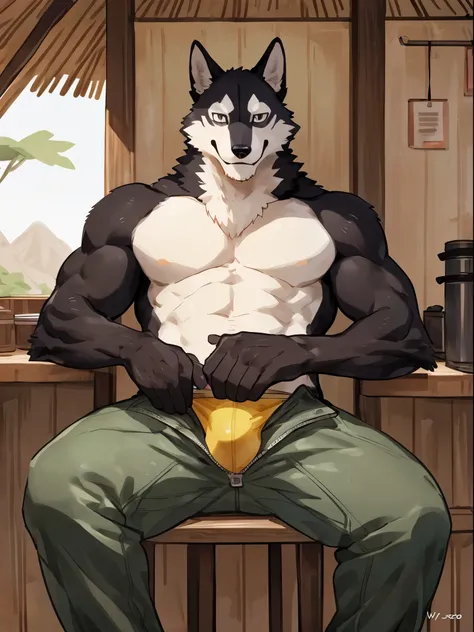 1male, ((best quality, detailed anatomy)), Husky, solo, smile, black furs, skinny chub, tail, gray eyes, adult man, shirtless, pants, open zipper pants, showing underwear bulge, sitting in the chair, in the hut, by Bebebebebe, by K0BIT0WANI, by Wfa