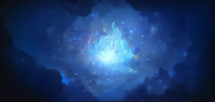 There are blue flames in the blue starry sky，Magical style，League of Legends design style，high qulity，8K