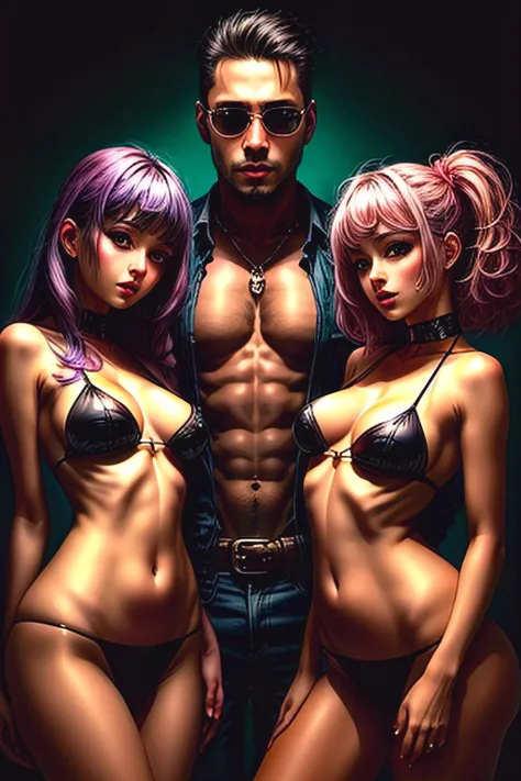 ffm threesome, group picture, double girls, love , size difference 1man cyberpunk hotel, high saturation, detailed faces