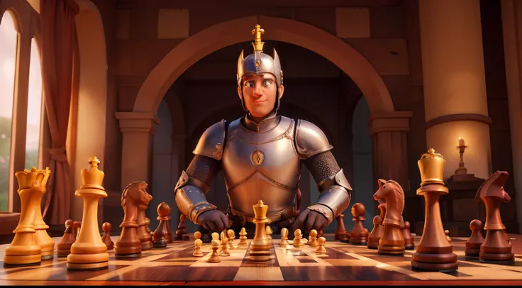 A noble knight chess piece, with an ornate headpiece, leaping over a rainbow arc, bypassing other chess colleagues on the board.((best quality)), ((masterpiece)), (detailed), perfect face