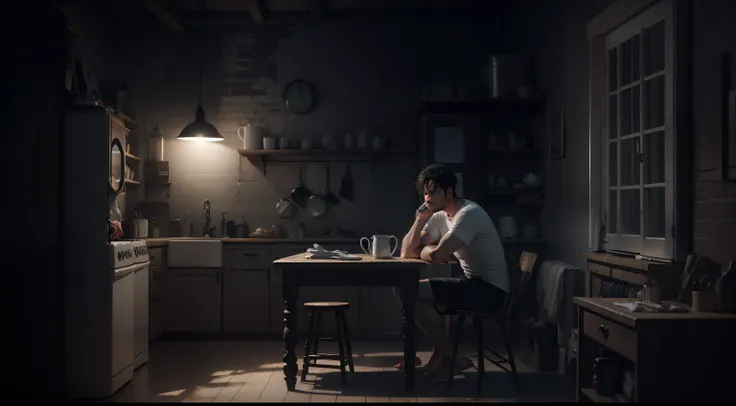 ultra realistic, 8k, image of a 37 year old man, short black hair, dressed in a simple white t-shirt and black shorts, sad and with tears in his eyes sitting on a chair in a dark and humble kitchen of a farmhouse, night , completely dark environment